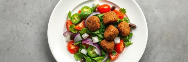 Delicious falafel salad with fresh vegetables and herbs served on a plate photo