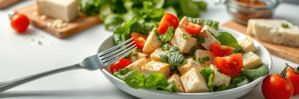 Fresh salad with tomatoes, spinach, and tofu presented on a white plate with green herbs photo