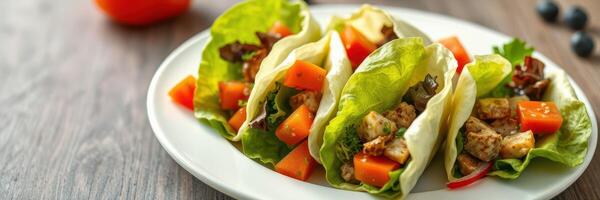Fresh lettuce wraps filled with grilled chicken and colorful vegetables served on a white plate photo