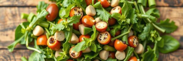 Fresh garden salad with cherry tomatoes, leafy greens, and nuts on a rustic wooden table in natural light photo
