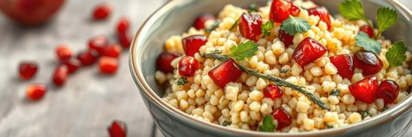 Delicious bowl of colorful couscous salad with pomegranate seeds and herbs served on a wooden table photo