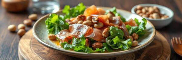 Fresh salad with greens, smoked salmon, and nuts served in a rustic setting during a cozy dining experience photo