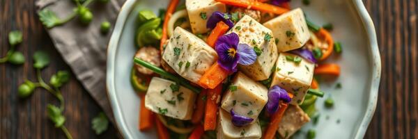 Colorful vegetable and tofu salad served in a bowl on a wooden table with fresh herbs and edible flowers for a vibrant presentation photo