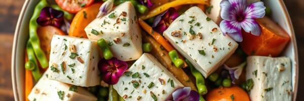 Fresh vegetable salad topped with herbs and edible flowers served in a rustic bowl photo