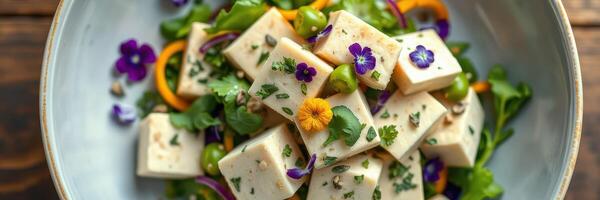 Fresh salad featuring cubes of tofu topped with edible flowers, greens, and colorful vegetables on a rustic table photo