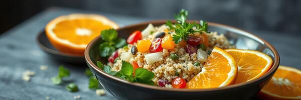Colorful couscous salad with fresh vegetables and citrus garnishes served in a bowl photo