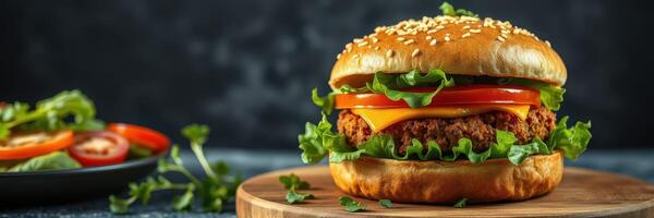 Juicy fried chicken burger with fresh toppings served on a wooden board in a cozy dining setup photo