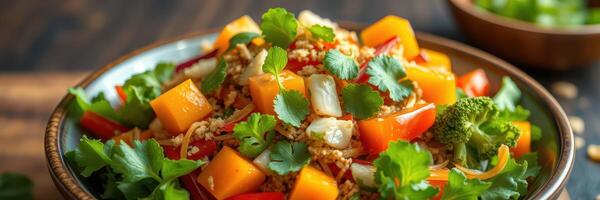 Vibrant vegetable salad with fresh herbs and nuts served in a rustic bowl photo