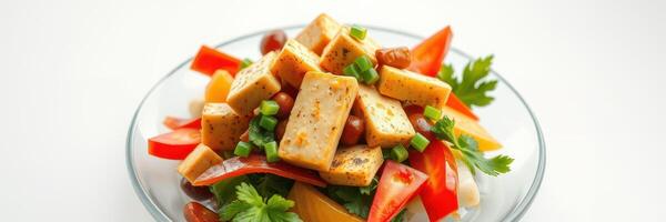 Colorful tofu salad with fresh vegetables and herbs served in a clear bowl photo