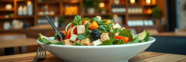 Fresh salad with grilled chicken and colorful vegetables served in a cozy restaurant setting photo