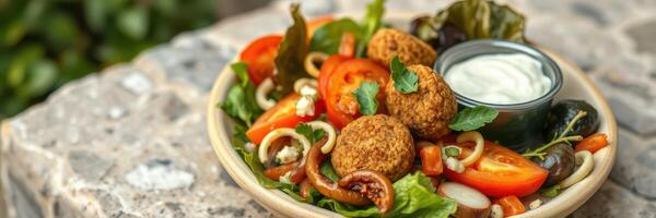 Fresh salad with falafel, tomatoes, and a yogurt dressing prepared outdoors on a sunny day photo