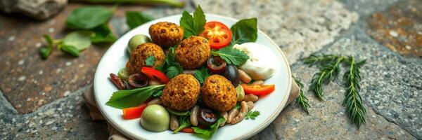 Healthy falafel salad with fresh vegetables and herbs served on a rustic stone table photo
