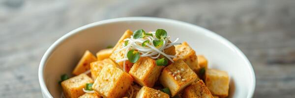 Deliciously seasoned tofu with fresh herbs and garnishes served in a white bowl on a wooden table photo