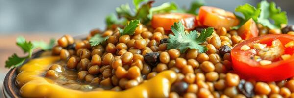 Delicious lentil dish served with fresh vegetables and herbs on a wooden table photo