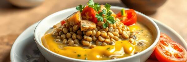 Delicious bowl of lentil stew topped with cheese, fresh herbs, and tomatoes served in a cozy setting photo