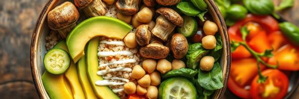 Healthy vegan bowl with fresh vegetables, whole grains, and legumes served on wooden table photo