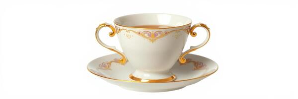 Elegant porcelain cup with intricate gold design on a saucer, perfect for afternoon tea gatherings or special occasions photo