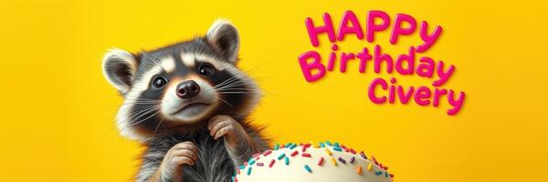 Raccoon celebrates a birthday with colorful ice cream against a bright yellow background photo