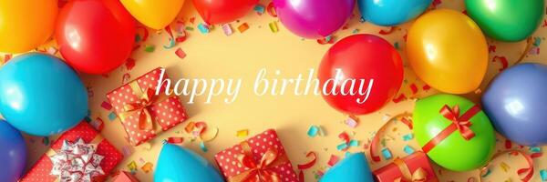 Colorful birthday celebration setup with balloons, gifts, and confetti on a bright background photo