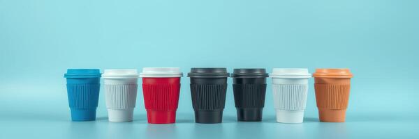 Various disposable coffee cups in different colors and sizes arranged on a blue background in an artistic display photo