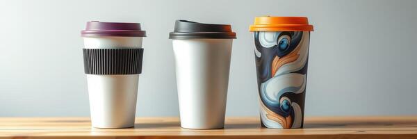 Coffee cups of various designs placed on a wooden table showcasing different styles and colors in a cozy setting photo