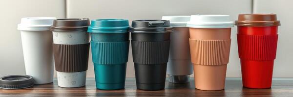 Various coffee cups lined up on a wooden table in a modern cafe setting during the morning hours photo