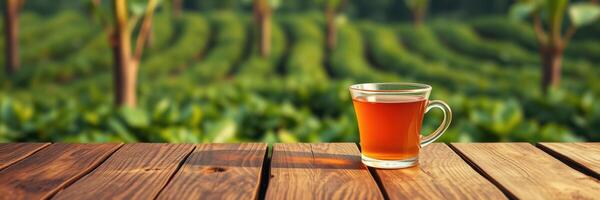 Freshly brewed tea resting on a wooden table with lush green tea fields in the background during sunny daylight photo