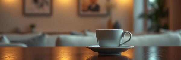 Morning coffee served in a cozy cafe with soft lighting and inviting atmosphere photo