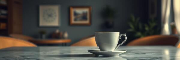 Coffee cup on a marble table in a cozy cafe setting with plants and artwork photo