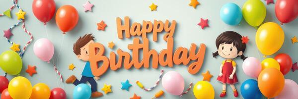 Festive birthday celebration with colorful decorations and cheerful children playing in a party setting photo