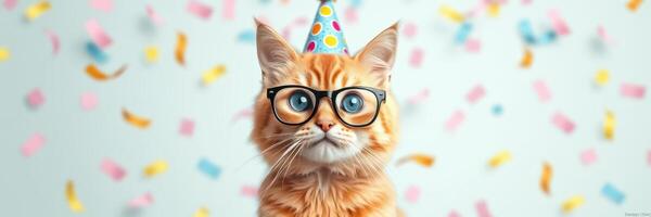 Cat wearing glasses and a party hat surrounded by colorful confetti at a celebration photo