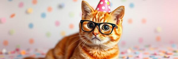 Cat in party hat and glasses celebrating with colorful confetti in a cheerful atmosphere photo