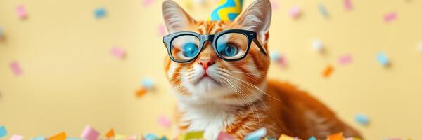 Cat wearing glasses and party hat celebrates birthday with colorful confetti on bright background photo