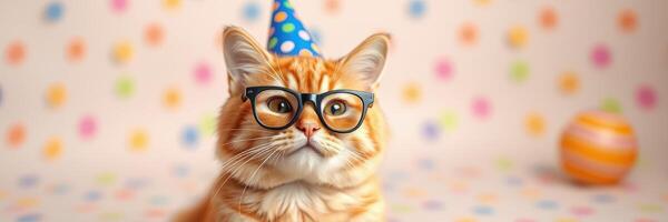 Orange cat wearing glasses and a party hat celebrates with colorful decorations in the background at a festive gathering photo