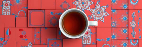 Tea cup resting on vibrant red decorative tiles with intricate patterns, showcasing a blend of culture and artistry photo