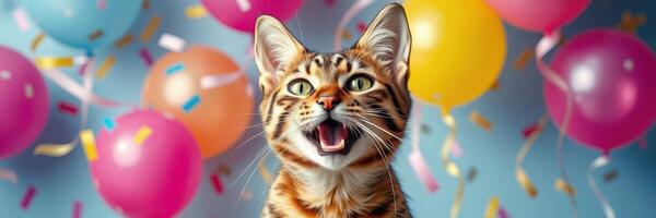Bengal cat celebrates with colorful balloons at a birthday party in a festive atmosphere photo