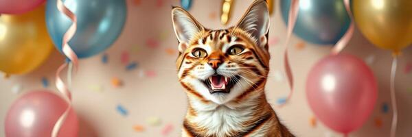 Celebrating a happy moment with a playful cat surrounded by colorful balloons photo