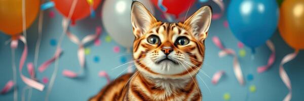 Cute tabby cat celebrates at a colorful birthday party surrounded by balloons and confetti photo