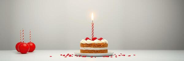 Birthday celebration with a cake, candles, and festive decorations on a clean table photo
