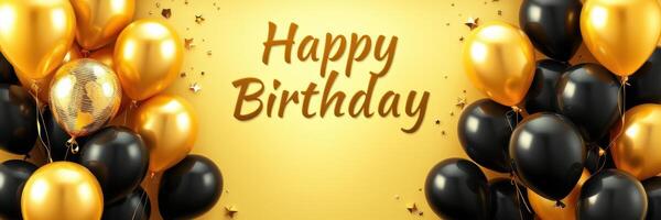 Celebration backdrop featuring black and gold balloons with a happy birthday message for festive occasions photo