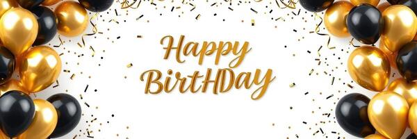 Celebratory birthday decoration featuring black, gold, and white balloons with a joyful greeting photo