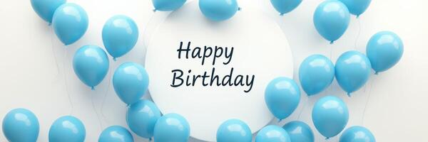 Colorful blue balloons surround a white cake expressing joyful birthday wishes in a festive setting photo