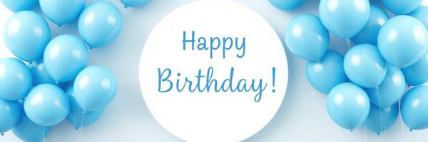 Blue balloons surround a cheerful happy birthday greeting on a light background for celebrations photo