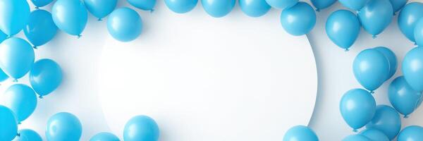 Bright blue balloons frame a blank circular space for celebrations or announcements in a festive setting photo
