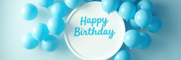 Blue birthday celebration with balloons and a cake featuring a joyful message photo