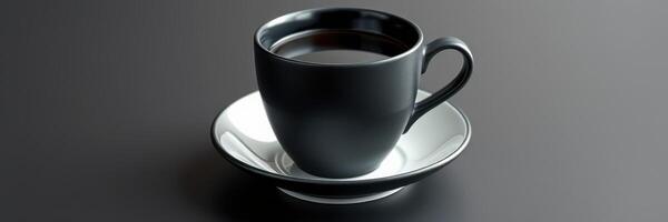 Black cup of coffee on white saucer against a simple dark background showcasing minimalistic design photo