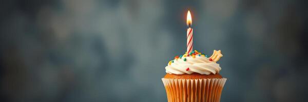 Delicious cupcake with a lit candle and colorful sprinkles celebrating a joyful birthday moment photo