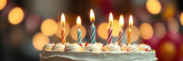 Celebration with colorful candles on a cake illuminating a joyful birthday atmosphere photo
