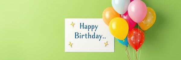 Colorful birthday decoration with balloons and a cheerful message on a bright green wall photo