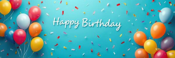 Bright balloons and confetti add joy to a happy birthday celebration on a vibrant blue background photo